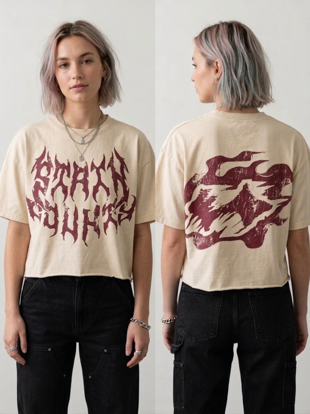 🩸 Heavy Metal Font Flame Graphic Cropped Boxy Tee Cream Maroon M Streetwear